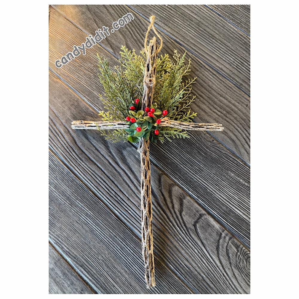 New Handmade Cactus Bone Rustic Holiday Cross with Greenery & Holly